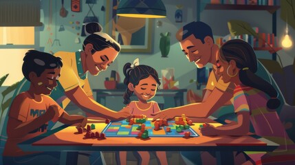 Wall Mural - Family Game Night: Depict an Indigenous family enjoying a board game night at home, with light-hearted interactions and colorful surroundings.