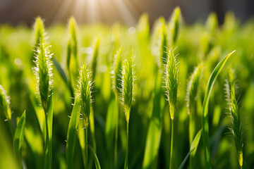 Beautiful natural background macro image of young juicy green grass in bright summer spring morning sunlight. nature outdoors, wide format with copy space. Ai generative.