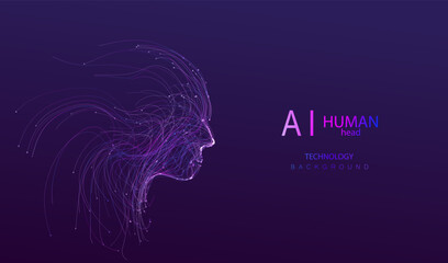 Human head artificial intelligence technology background made of neon lines style. Intelligence face vector design. Ai futuristic bot innovation robot.