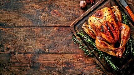 Wall Mural - Roasted whole chicken garnished with fresh herbs on wooden table. Perfect for cooking and food photography. Ideal for recipes and culinary blogs. Rustic style high-quality stock photo. AI