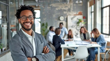 Wall Mural - Confident young businessman smiling in modern office with team working. Professional corporate atmosphere captured. Perfect for business and teamwork concepts. High-quality stock image. AI