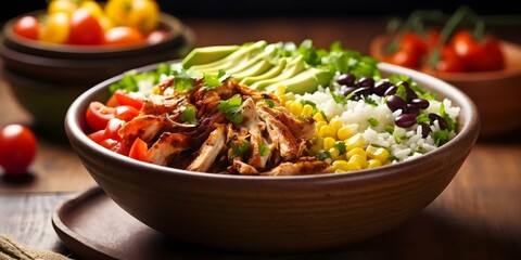 Wall Mural - Delicious homemade Mexican chicken burrito bowl with rice, beans, corn, and tomato. Concept Mexican Cuisine, Homemade Cooking, Burrito Bowl Recipe, Rice and Beans, Fresh Ingredients
