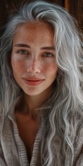 Wall Mural - close up middle aged woman with long gray hair