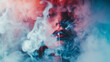 © VK Studio - A person exhaling thick smoke, with vivid red and blue lighting that creates a surreal and mysterious atmosphere.