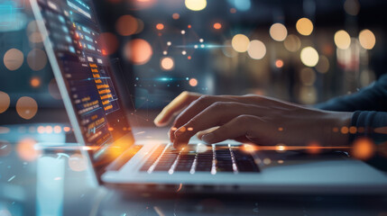Hands of a programmer typing on a laptop with a digital code overlay, highlighting the fusion of technology and creativity in coding and software development.
