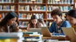 © mashimara - High school students studying with laptops in a well-stocked library, the diverse group is immersed in learning and collaboration in a quiet, resource-rich setting.
