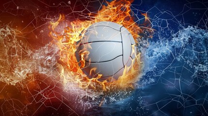 Dynamic image of a volleyball surrounded by vibrant flames and cool water, showcasing contrast and movement.