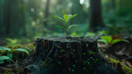 a new sprout growing on the stump of an old tree in the forest