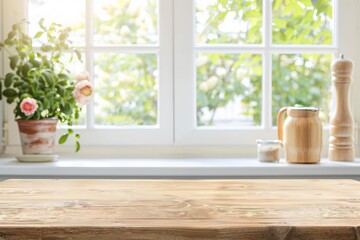 Wall Mural - Wooden kitchen table with background of window for product display. generative ai.Wooden kitchen table with background of window for product display. generative ai.