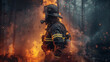 © VK Studio - A brave firefighter in full protective gear, surrounded by fiery chaos and burning debris, focused on the mission to quell the blaze.
