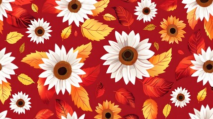 Wall Mural - white sunflowers on red background seamless pattern. Leaves, sunflowers, flowers ditsy. Perfect for Fall, Summer, Thanksgiving, holidays, fabric, textile. Vector flat style