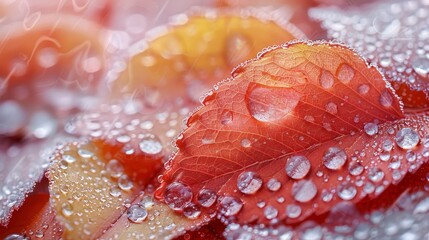 Sticker - Water Drops on Red Leaf.