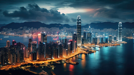 Wall Mural - Majestic Night Cityscape Overlooking Harbor