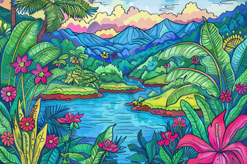 Wall Mural - Vibrant Tropical Paradise: A Colorful Illustration Featuring a River, Mountains, and Flowering Plants