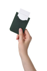 Wall Mural - Woman holding leather business card holder with cards on white background, closeup