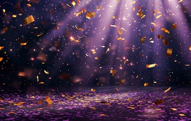 Wall Mural - Purple Background With Falling Golden Confetti and Spotlight
