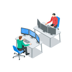 isometric vector men working at a table with three monitors, in color on a white background, a man a