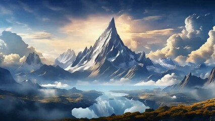 Wall Mural - A stunning image of a futuristic landscape featuring towering mountains and ethereal clouds blending in perfect harmony.