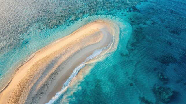 A breathtaking aerial view of a sandy island surrounded by crystal clear Caribbean water. The natural landscape includes a beautiful beach and fluid wind waves AIG50