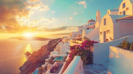 Wall Mural - Great evening view of Santorini island. Picturesque spring sunset on the famous Greek resort Fira, Greece, Europe. Traveling concept background.