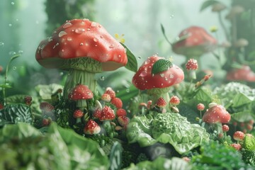 Poster - Magical scene depicting vibrant red mushrooms amidst a lush, misty fairytale forest