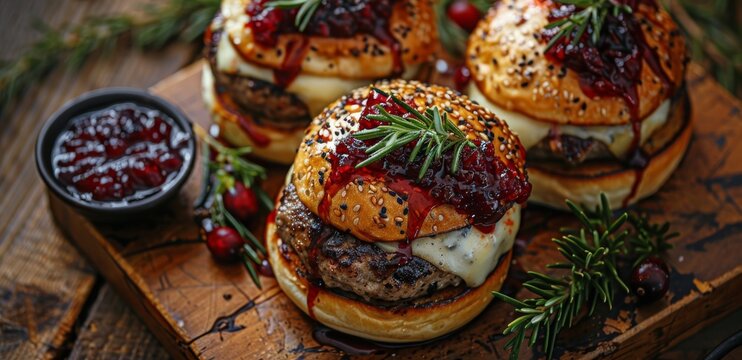 Gourmet Cranberry Rosemary Burgers on Wooden Cutting Board
