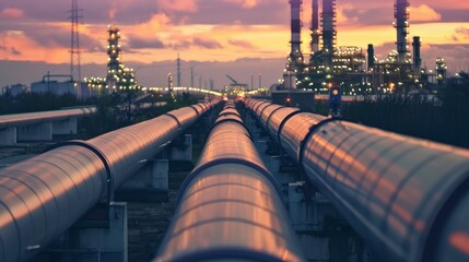 Pipeline and pipe rack of oil industrial plant with sunset sky background