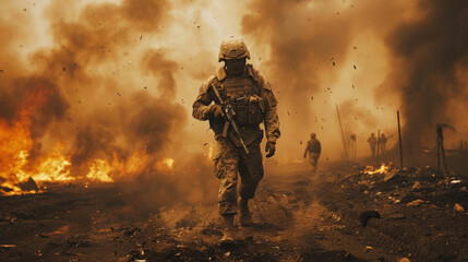 Soldier in Combat Zone with Flames and Smoke on Battlefield