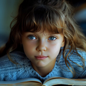 A photo of a child with a thoughtful expression, biting their lip as they concentrate on a chapter in their book