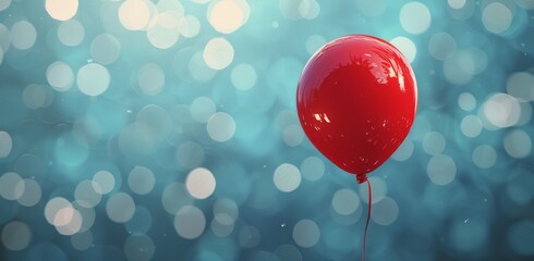 Wall Mural - Single Red Balloon Floating Against a Teal Bokeh Background