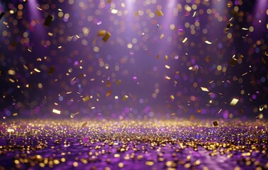 Poster - Golden Confetti Falling on Purple Background With Stage Lights