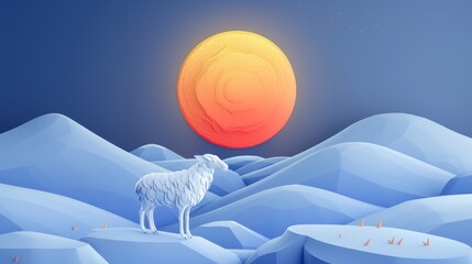 Sticker - A sheep standing on a rocky hill with an orange sun in the background, AI