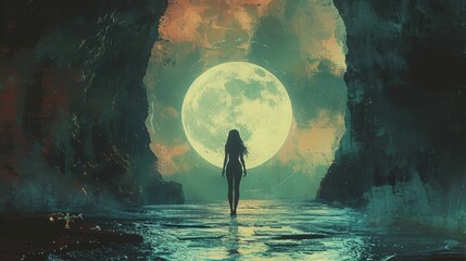 Silhouette of Woman in Swimsuit Standing Before Full Moon in Mysterious Cave