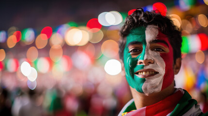 Young soccer fan showing his national Italian  team colors on his face at a crowded stadium event