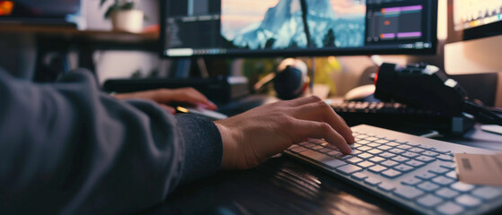 Wall Mural - a person's hand types on a sleek keyboard, surrounded by multi-monitor setup displaying digital desi