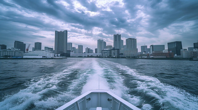 A boat is traveling through a city with a cloudy sky in the background. The water is choppy and the boat is leaving a wake. Concept of movement and energy