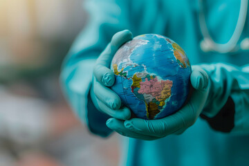 Wall Mural - Medical tourism and medical hub concept, travel and treatment abroad, gloved doctor hand holding a world globe, representing the global aspect of medical tourism