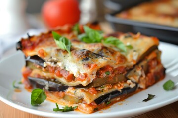 Sticker - Delicious slice of eggplant lasagna garnished with basil leaves, served on a white plate