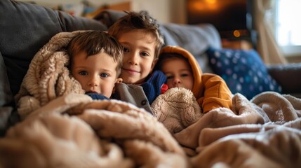 Poster - Three young boys are cuddling under a blanket on a couch