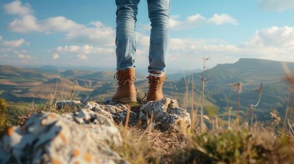 Wall Mural - adventurous stride low angle view of young mans legs confidently standing atop a scenic hill lifestyle photography