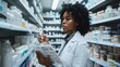 © Exnoi - A woman in a white lab coat is looking at a prescription pad in a pharmacy