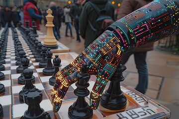 A robot with artificial intelligence plays chess. Hand close-up on a chessboard