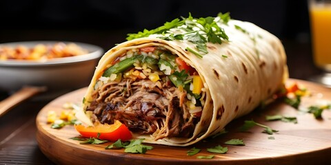 Wall Mural - Side view of a grilled burrito stuffed with carnitas. Concept Food Photography, Grilled Burrito, Carnitas, Mexican Cuisine, Side View
