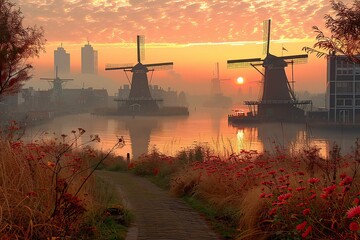 Wall Mural - A picturesque scene of windmills near a body of water during sunset