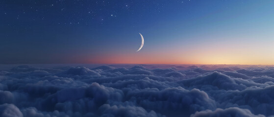 Wall Mural - High above fluffy clouds, a crescent moon glows in the twilight, seamlessly transitioning from night to the early colors of dawn.