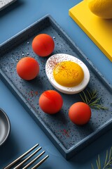 Sticker - A plate with an egg and a lemon on it next to some forks, AI