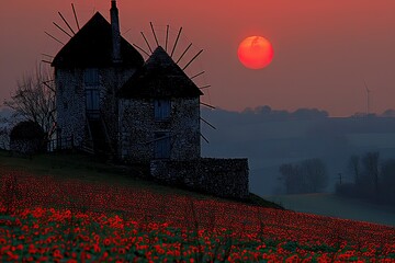 Wall Mural - The sun sets behind a house amidst a field of red flowers under the sky