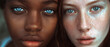 © Ai Studio - A stunning close-up portrait of two individuals with bright blue eyes and diverse skin tones, showcasing beauty in diversity.