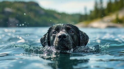 Wall Mural - aquatic adventure energetic labrador retriever joyfully swimming in glistening lake waters animal photography