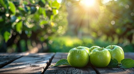 Wall Mural - Green Apples on a Wooden Table With a Blurred Garden Background